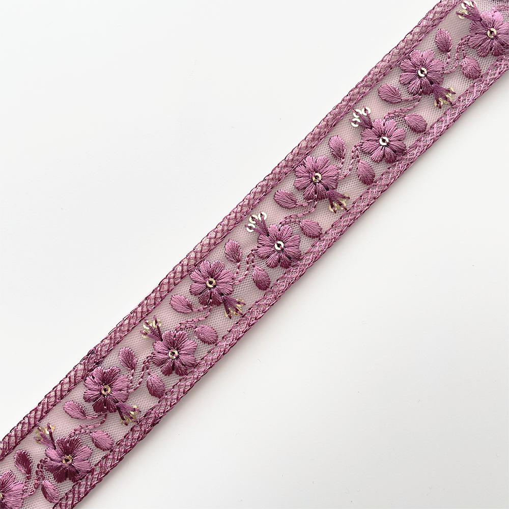 990 【 幅：3cm 】 インド刺繍リボン　パープル　チュール　
