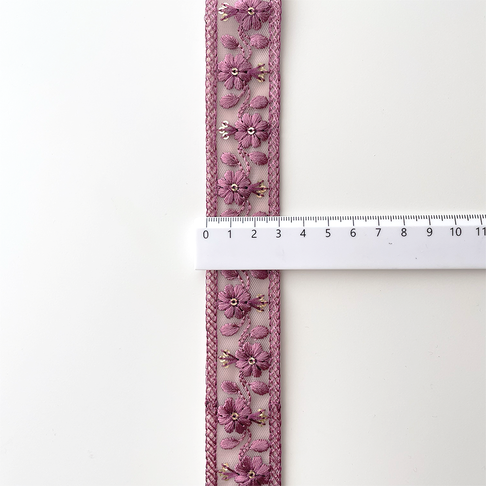 990 【 幅：3cm 】 インド刺繍リボン　パープル　チュール　