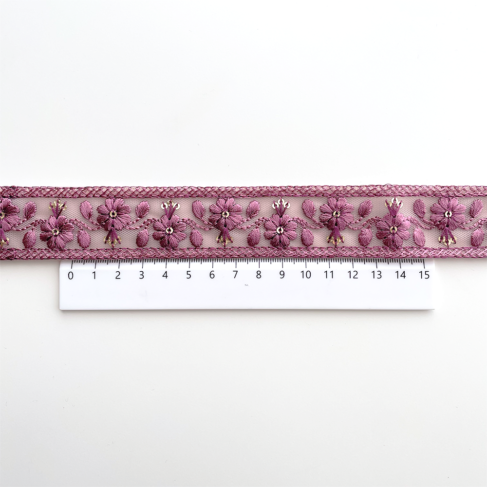 990 【 幅：3cm 】 インド刺繍リボン　パープル　チュール　