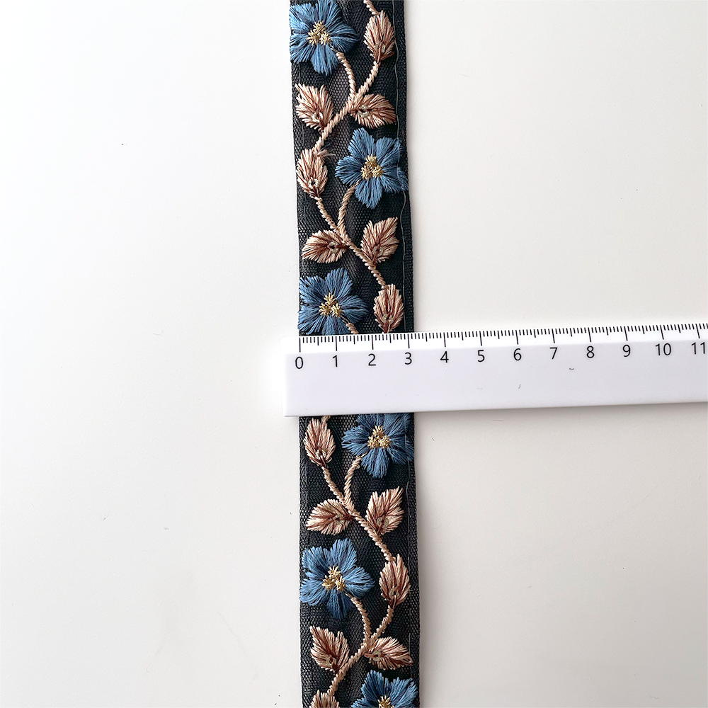996 【 幅：3cm 】 インド刺繍リボン　ブラック　チュール　ブルー　ブラウン