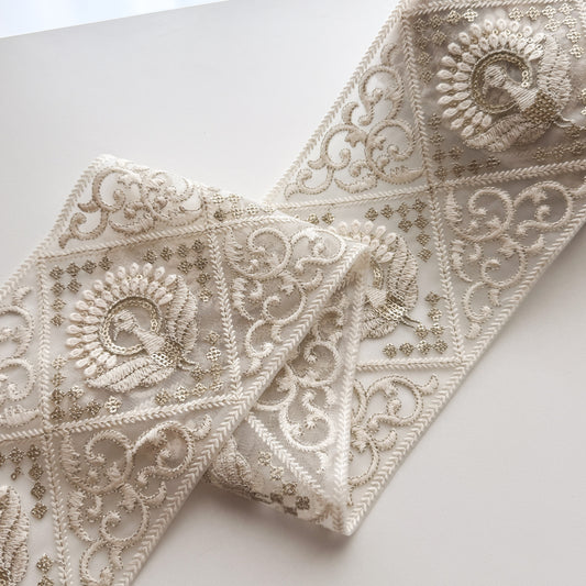 S340 インド刺繍リボン 13cm幅 チュール ピーコック