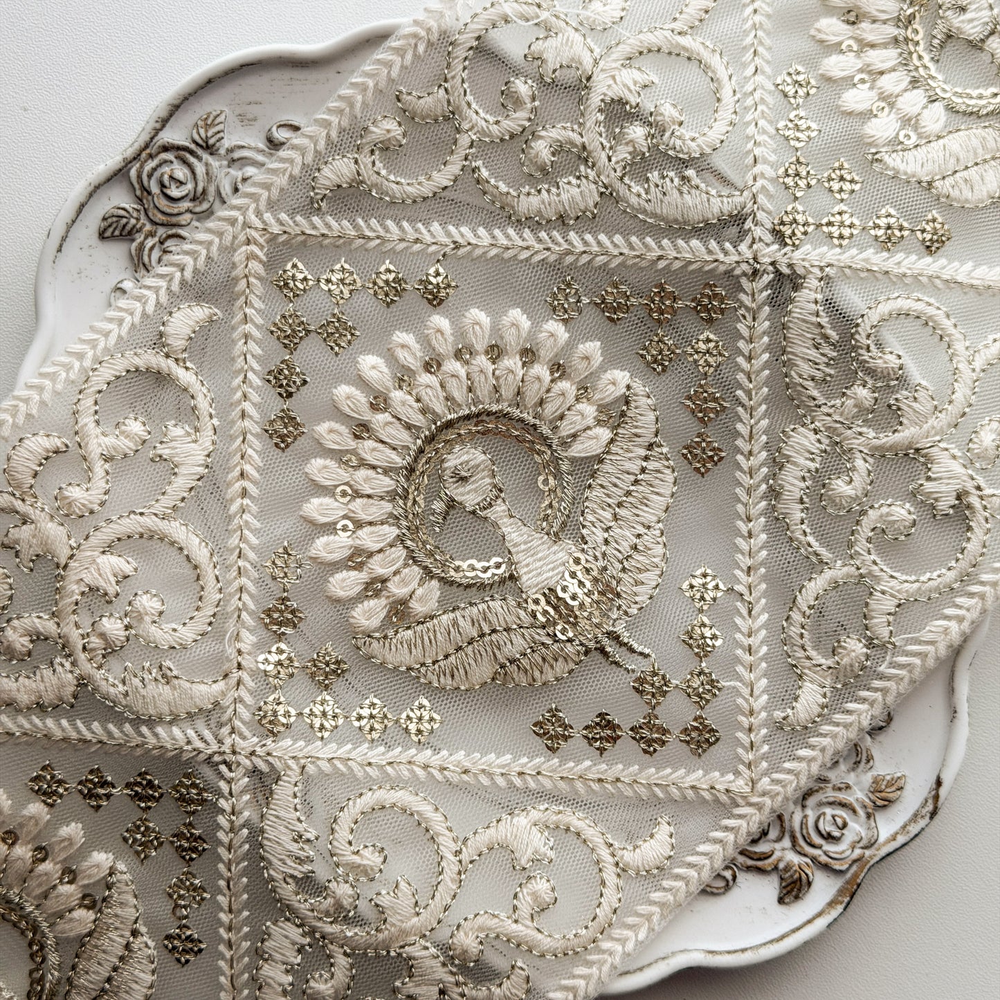S340 インド刺繍リボン 13cm幅 チュール ピーコック